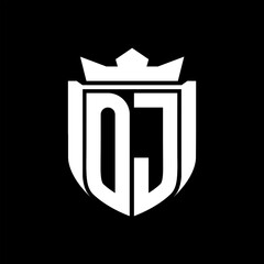OJ Letter logo shield shape inside shield badge crown on black background template design