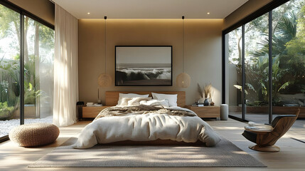 A modern bedroom with a king-size bed, wooden nightstands, and a large picture of a wave crashing on the shore, with sliding doors leading out to a patio.
