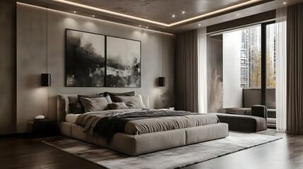 A modern bedroom with a king-sized bed, a large window overlooking a balcony, and two abstract paintings hanging on the wall.