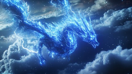 A dragon made of glowing blue crystals soars among white clouds, its body crackling with lightning, casting neon reflections in the stormy sky
