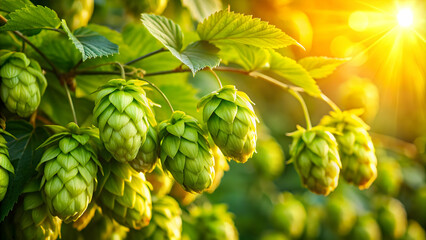 Fototapeta premium Vibrant green hop cones glowing in autumn sunshine , harvest, autumn, green, sunny, vibrant, hops, cones, nature, seasonal
