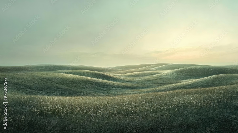 Poster serene landscape featuring gentle hills and soft light, creating a peaceful and calming atmosphere f