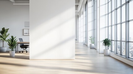 blank wall in the interior corridor of a modern office building on the background of an office room with tables and chairs, 3d rendering, 3d illustration