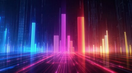 Vibrant abstract digital landscape with colorful sound bars representing audio visualization in a futuristic setting.