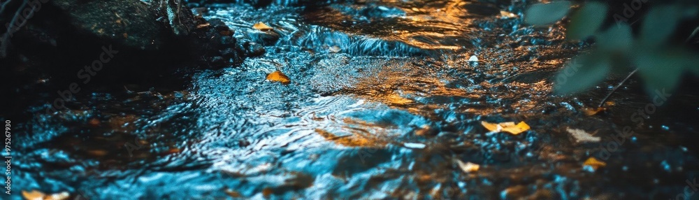 Poster a serene stream flows gently through a lush forest, reflecting light and surrounded by autumn leaves