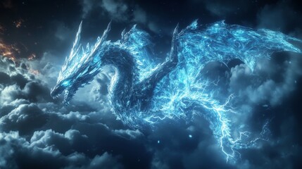 Fototapeta premium A dragon composed entirely of blue lightning-charged crystals flies through dark, stormy clouds, the neon glow radiating from its body lighting up the surroundings