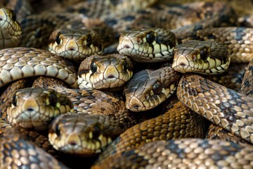 Obraz premium Mysterious encounter of snakes in the wild, with heads facing each other in a tangled pile during daylight hours