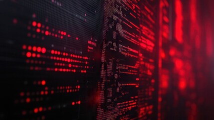 Abstract digital background in red tones, featuring glowing data lines and binary code for technology and cyber themes.