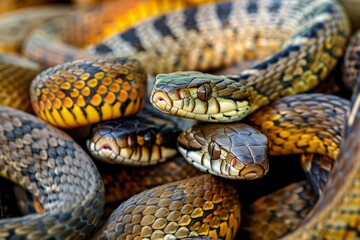 Fototapeta premium A mysterious encounter among a pile of snakes in the wild, showcasing their intricate patterns and behavior as they interact