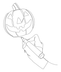 One continuous line of Jack O' Lantern drawn by with felt tip pen. Thin Line Halloween pumpkin Illustration vector concept. Contour Drawing Creative ideas.