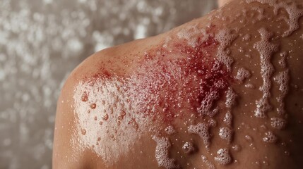 Fototapeta premium Close-up of a shoulder with soap bubbles and red marks, highlighting skin texture and the effects of showering.