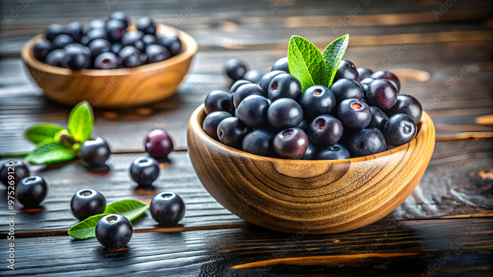 Wall mural fresh organic acai berries in a wooden bowl , healthy, superfood, antioxidant, nutrition, tropical, 