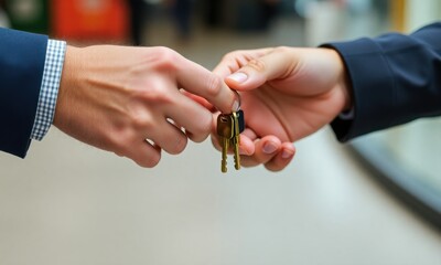 A detailed depiction of a key exchange between individuals against a blurred background, focusing on the gesture and the keys