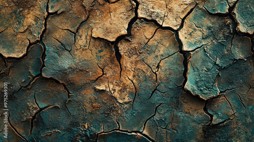 Poster close-up of cracked surface showing layers of texture and color, ideal for backgrounds and artistic 
