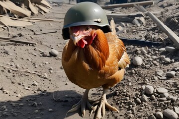 chicken in world war 3 wearing protection armor. survival for fittest. Generative AI