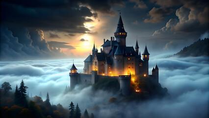Scary night castle surrounded by fog and darkness, haunted, spooky, eerie, creepy, old, abandoned, medieval, gothic