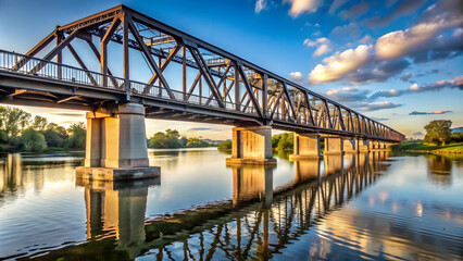 Steel railway bridge stretching across river, bridge, transportation, train tracks