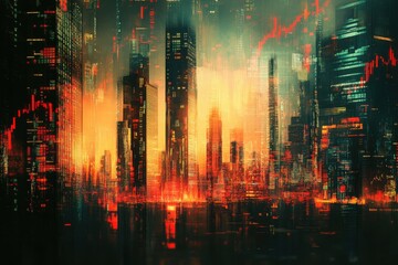 Fototapeta premium Financial Chaos in Urban Jungle: Abstract Cityscape of Fluctuating Stock Market Graphs Amid Rising and Falling Skyscrapers