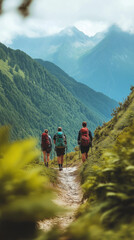Fototapeta premium Hikers trekking on a mountain trail, surrounded by lush greenery, bright natural daylight, focus on adventure and exploration, expansive view of distant peaks and forests, active and inspiring scene