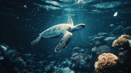 Obraz premium A bioluminescent sea turtle moves elegantly through the deep ocean, its glowing body highlighting the intricate patterns of the illuminated coral reefs