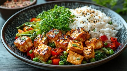 A vibrant bowl of tofu stir-fry with rice and fresh vegetables.