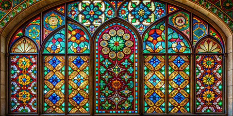 Stained glass window with intricate colorful designs, religion, church, architecture, art, vintage, traditional