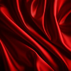 Close-up of luxurious red satin fabric with elegant folds and copy space
