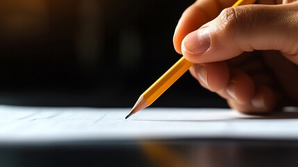 Hand gripping a pencil, marking a selection on an official ballot form, voter decision, active participation