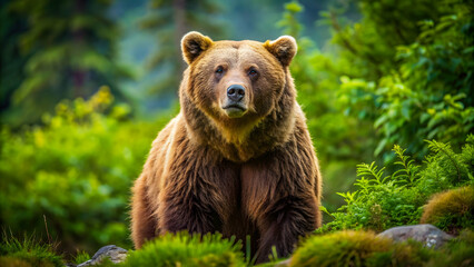 Fototapeta premium A large brown bear in its natural habitat, wildlife, predator, fur, claws, mammal, forest, wilderness, wilderness, nature