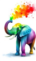 An elephant spraying a spectrum of watercolor hues from its trunk, creating a rainbow effect against a white background