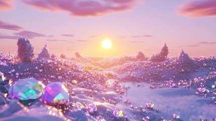 White wasteland scattered with multi-colored stained glass sparkling in the sun, beneath a lilac sky with the sun setting behind the horizon. The scene combines a surreal, 