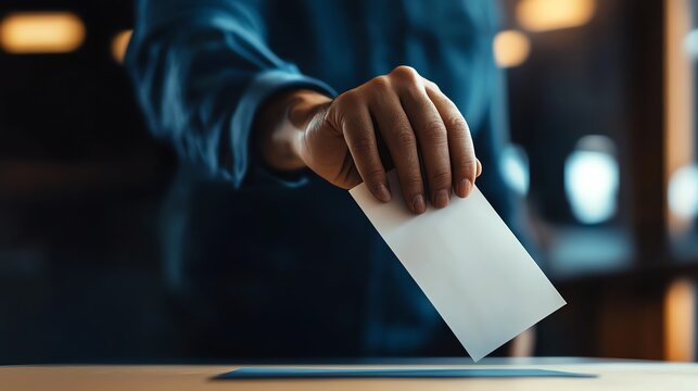 Closeup of a poll worker placing a ballot into a secure box, election integrity, vote counting