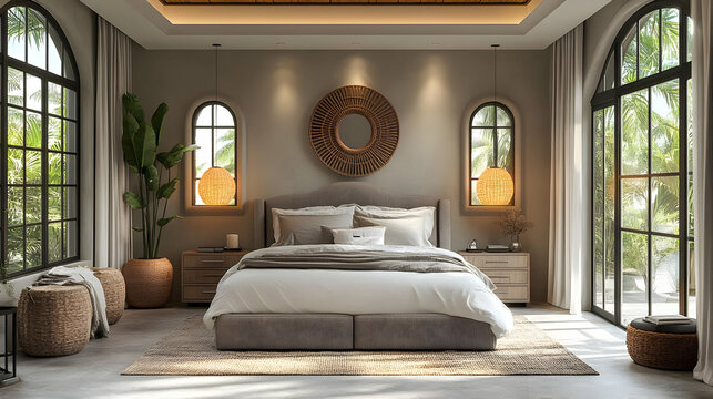 A modern bedroom with a large bed, two nightstands, a large rug, and two wicker stools.  A large window on the right side of the room looks out onto a garden.