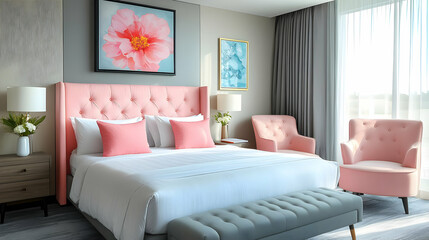 A modern bedroom with a large bed, two pink chairs, a bench at the foot of the bed, and a large window with a view of the city.
