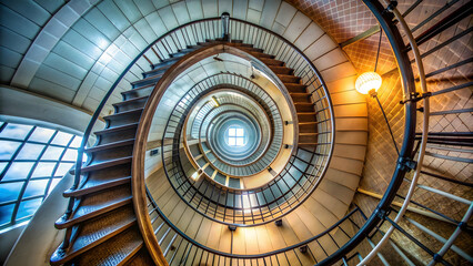 Fisheye shot of a lighthouse circular staircase, gazing up towards the light, lighthouse, staircase, circular, fisheye