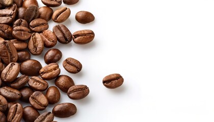 Obraz premium roasted coffee beans textured highlighting the rich textures and colors. Ground into a powder for fresh brewed cup of morning caffeinated coffee. Isolated on white background with copy space