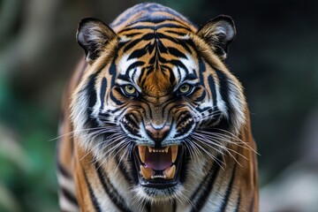 Fototapeta premium A threatening malayan tiger, stock photo, ai