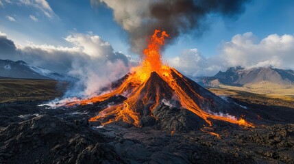 A fiery volcanic eruption with molten lava flowing down the side of the mountain.