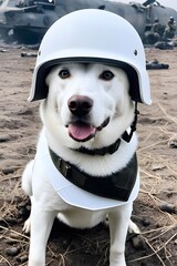 white dog in world war 3 wearing protection armor. survival for fittest. Generative AI