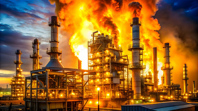Oil and gas refinery plant on fire , refinery, accident, disaster, flames, explosion, industrial, danger, safety