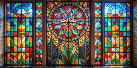 Colorful stained glass window depicting religious or abstract design , stained glass, window, colorful, design, pattern