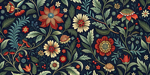 Intricate vintage floral pattern with dark blue, red, and green leaves and flowers on a dark background, vintage, intricate