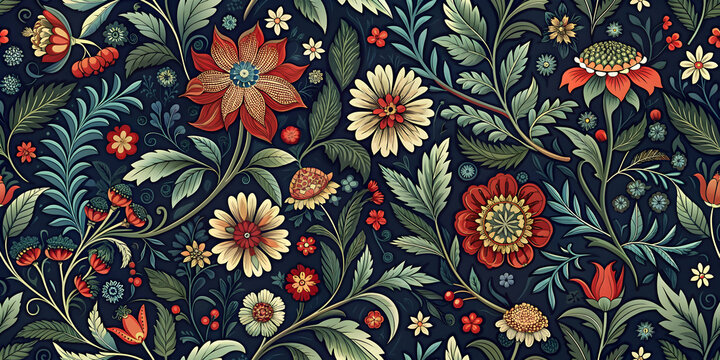 Intricate vintage floral pattern with dark blue, red, and green leaves and flowers on a dark background, vintage, intricate