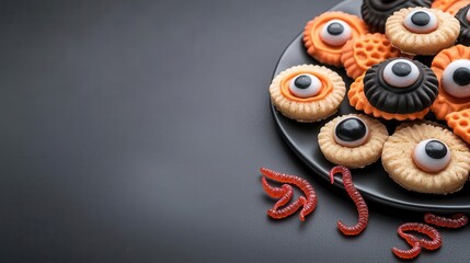 Fototapeta premium Candy eyeballs and gummy worms scattered on a plate of Halloween-themed cookies, Halloween treats candy, creepy and fun