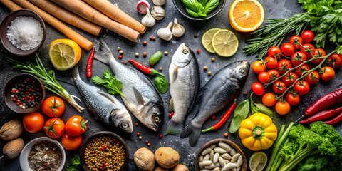 Assortment of fresh ingredients for cooking, including fish and vegetables, on a dark slate background, food, cuisine
