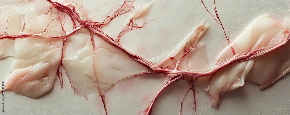 Poster artistic representation of anatomical tissue featuring intricate blood vessels and connective struct
