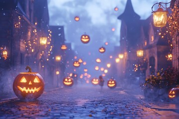 Fototapeta premium Spooky Halloween Night with Jack-o'-Lanterns and Foggy Cobblestone Street.