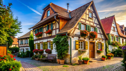 Fototapeta premium Cozy German house on a charming street in Germany, Cozy, German, house, street, Germany, home, architecture, traditional