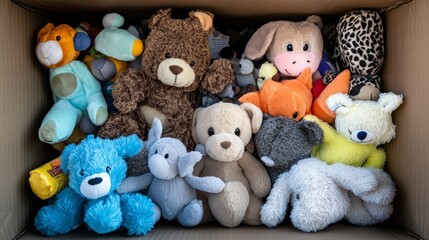 A Cardboard Box Filled with a Variety of Stuffed Animals, Brown Cardboard Box, Diverse Stuffed Toys, Donation Box, Stuffed Animal Collection, toy, plush