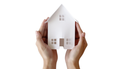 Hand holding paper house on transparent background